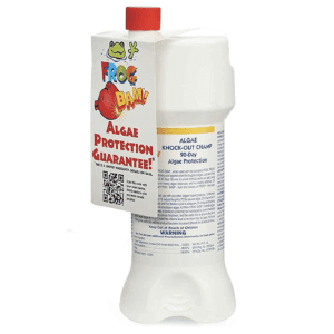 A bottle of FROG BAM 90-Day Algae Preventive, Algaecide, Pool Winterizer with a FROG label on it.